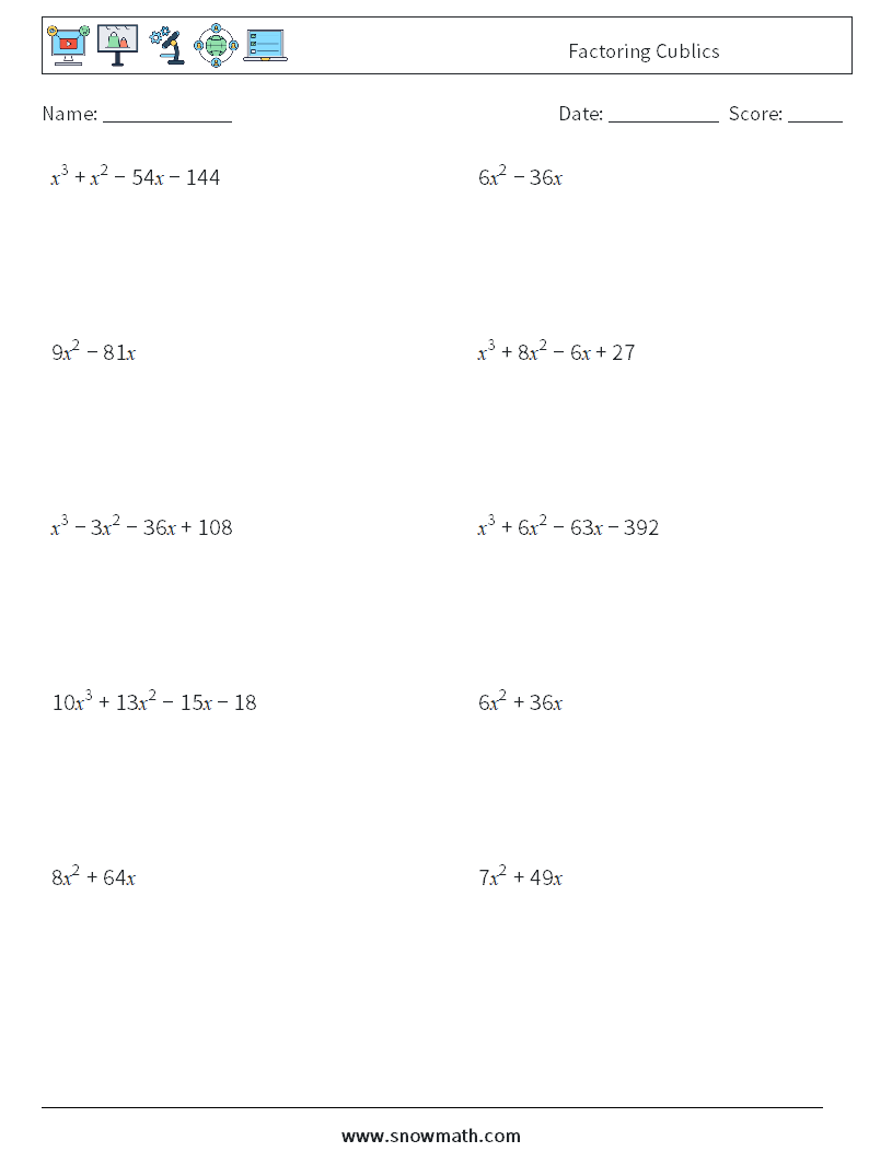 Factoring Cublics Maths Worksheets 7