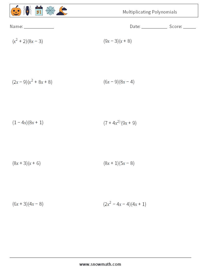 Multiplicating Polynomials Maths Worksheets 3