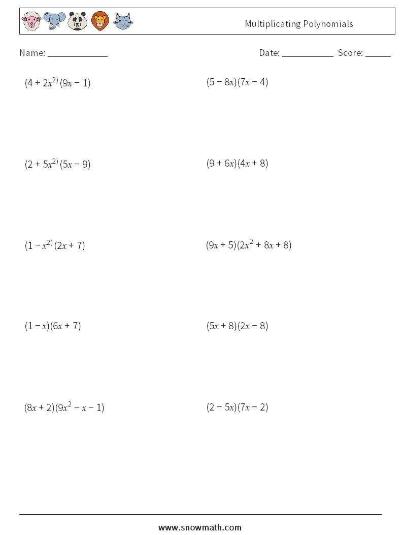 Multiplicating Polynomials Maths Worksheets 6