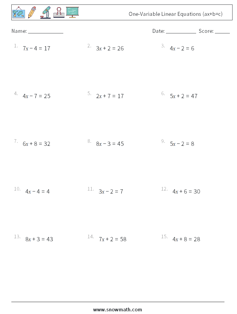 One-Variable Linear Equations (ax+b=c) Maths Worksheets 1