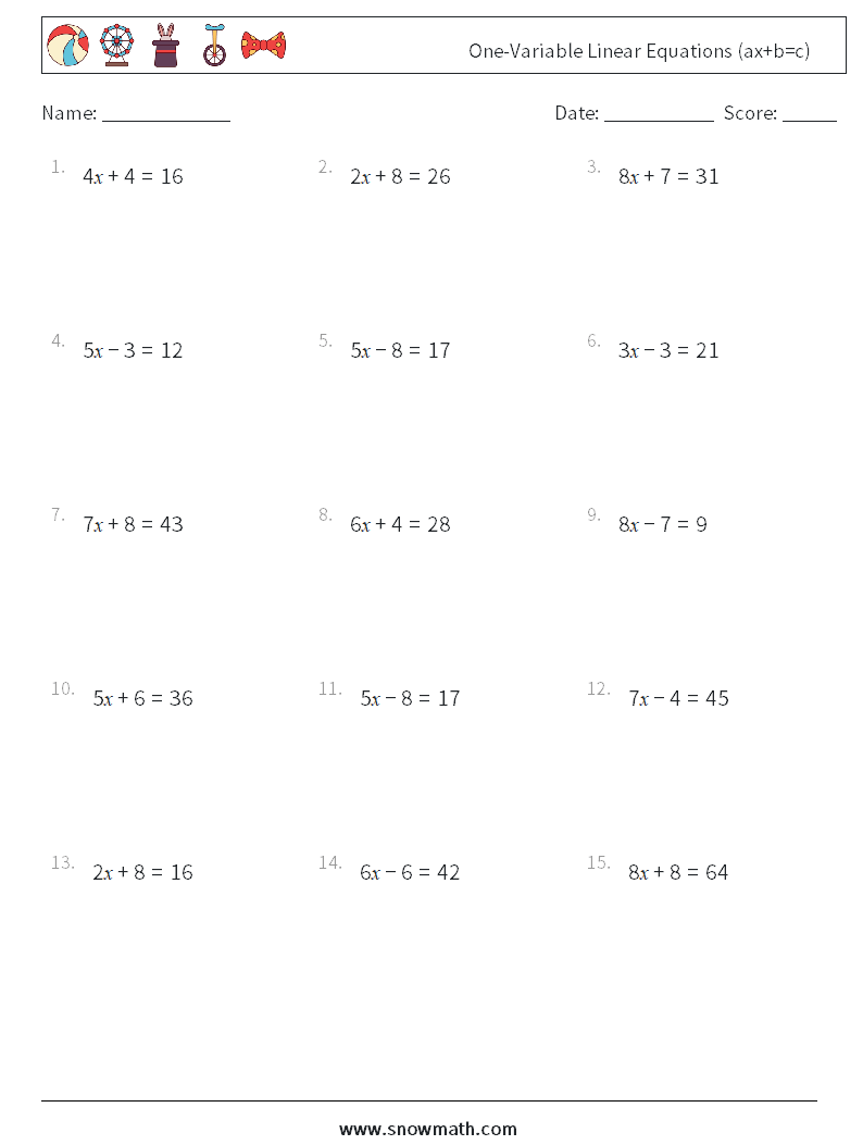 One-Variable Linear Equations (ax+b=c) Maths Worksheets 10