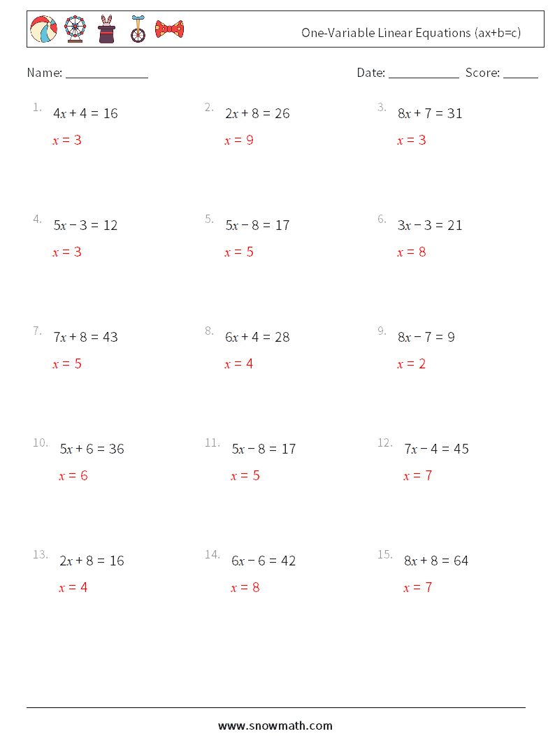 One-Variable Linear Equations (ax+b=c) Maths Worksheets 10 Question, Answer