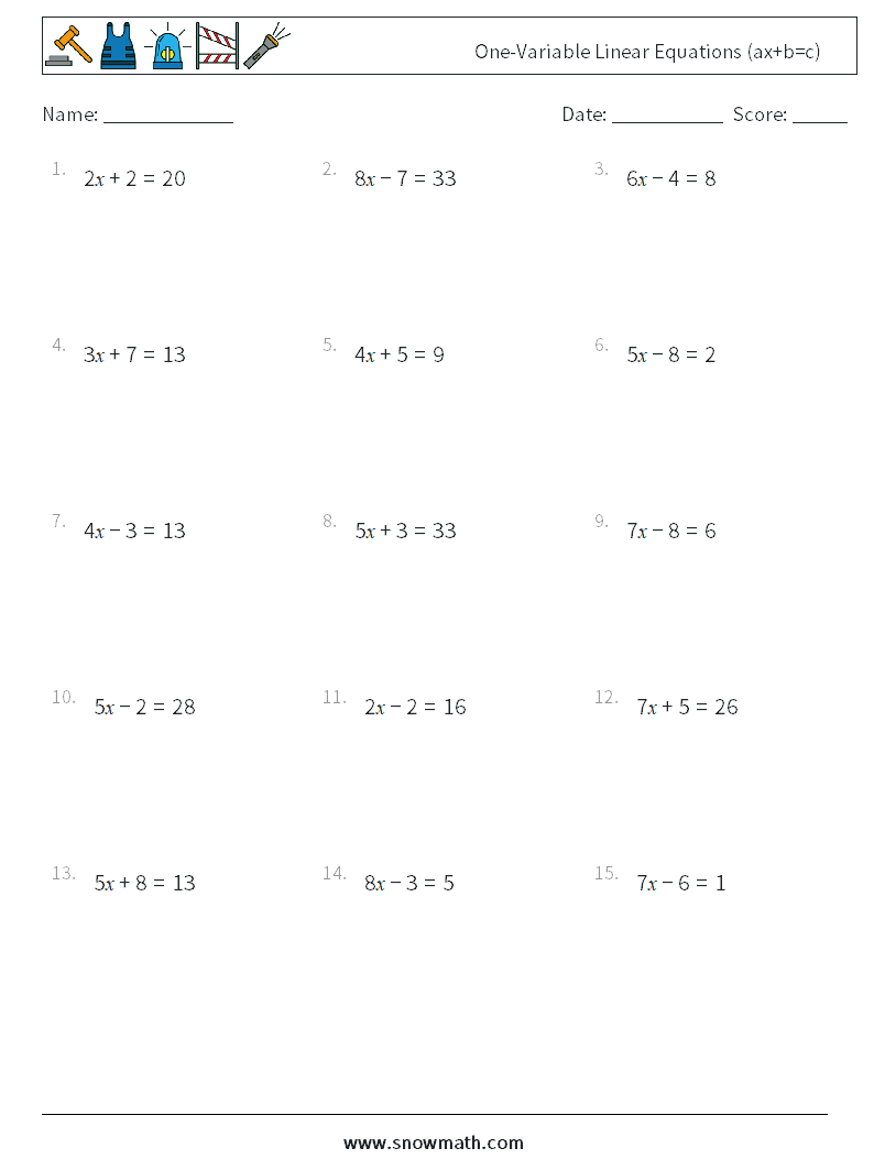 One-Variable Linear Equations (ax+b=c) Maths Worksheets 11