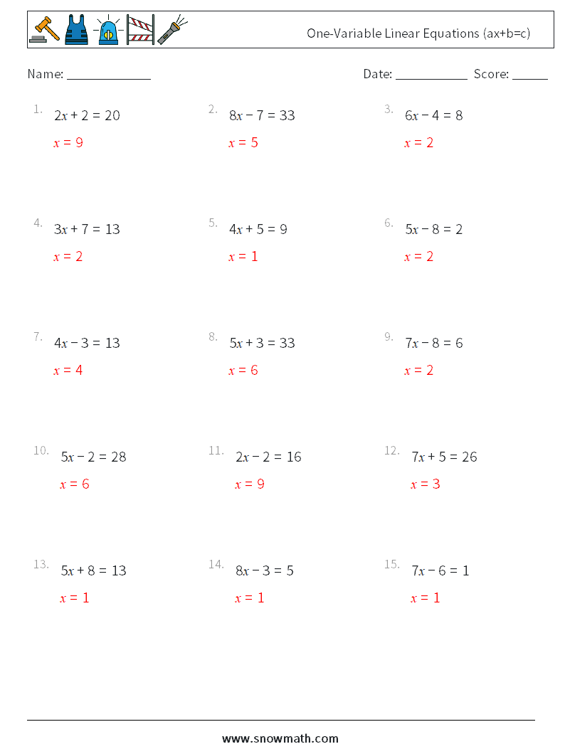 One-Variable Linear Equations (ax+b=c) Maths Worksheets 11 Question, Answer