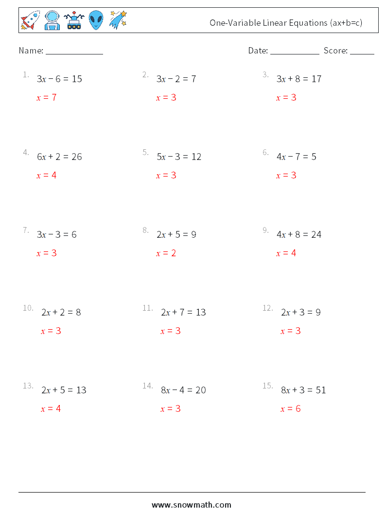 One-Variable Linear Equations (ax+b=c) Maths Worksheets 12 Question, Answer