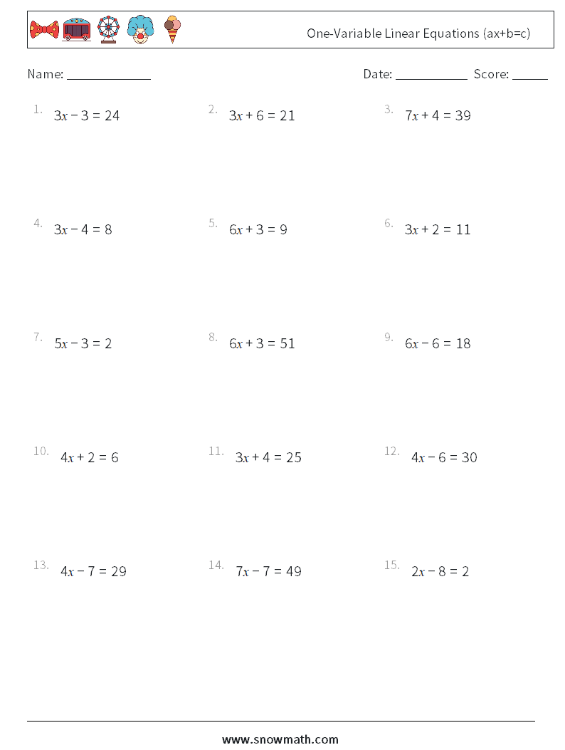 One-Variable Linear Equations (ax+b=c) Maths Worksheets 13