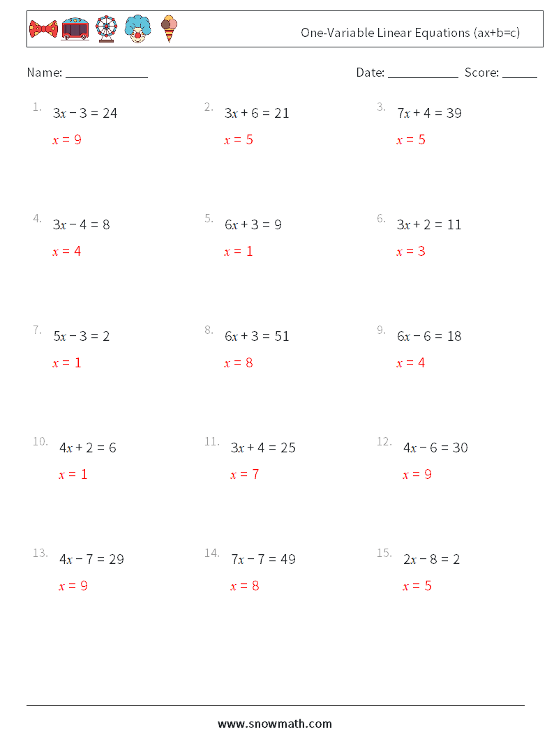 One-Variable Linear Equations (ax+b=c) Maths Worksheets 13 Question, Answer