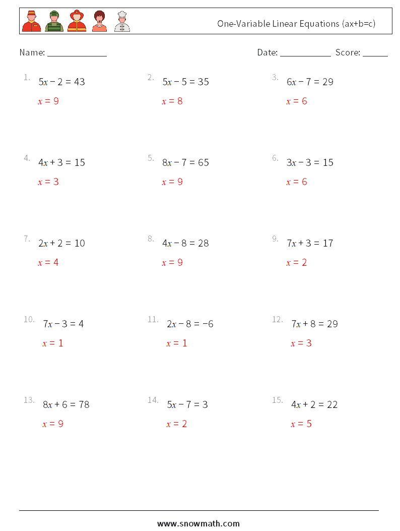 One-Variable Linear Equations (ax+b=c) Maths Worksheets 14 Question, Answer