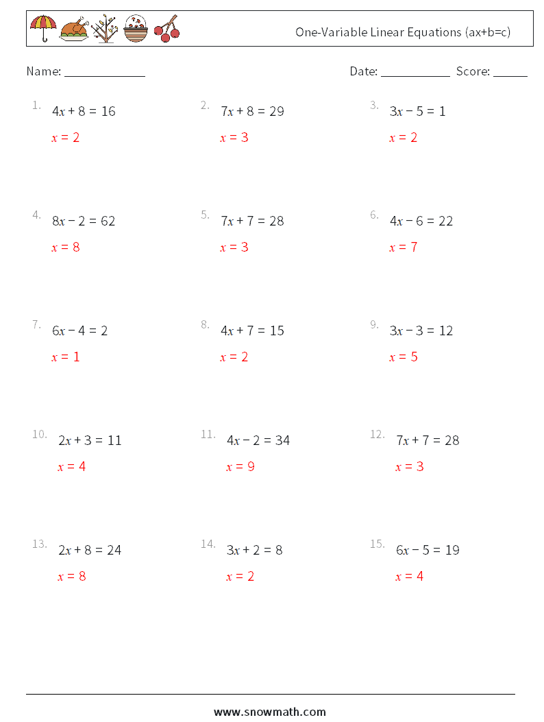 One-Variable Linear Equations (ax+b=c) Maths Worksheets 15 Question, Answer