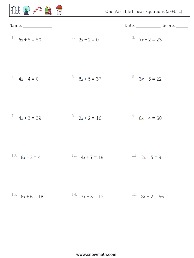 One-Variable Linear Equations (ax+b=c) Maths Worksheets 16
