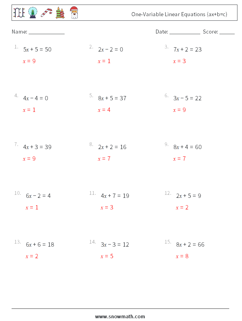 One-Variable Linear Equations (ax+b=c) Maths Worksheets 16 Question, Answer