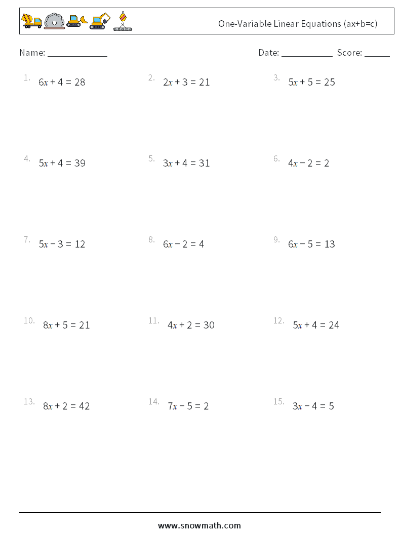 One-Variable Linear Equations (ax+b=c) Maths Worksheets 17
