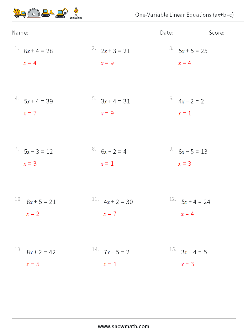 One-Variable Linear Equations (ax+b=c) Maths Worksheets 17 Question, Answer