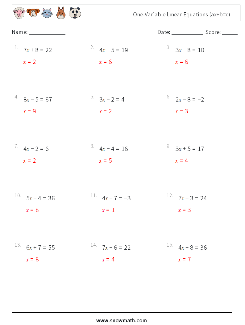 One-Variable Linear Equations (ax+b=c) Maths Worksheets 18 Question, Answer