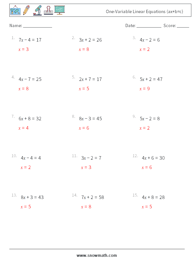 One-Variable Linear Equations (ax+b=c) Maths Worksheets 1 Question, Answer