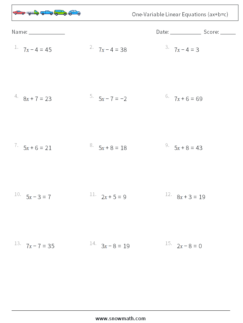 One-Variable Linear Equations (ax+b=c) Maths Worksheets 2