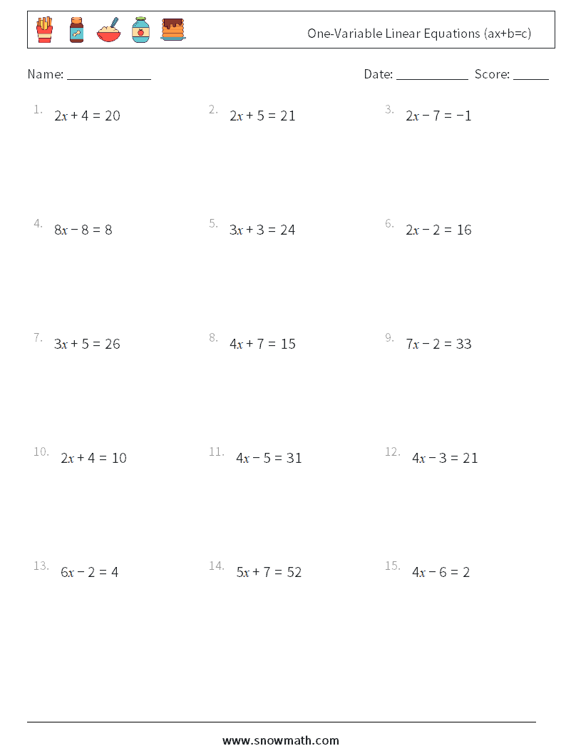 One-Variable Linear Equations (ax+b=c) Maths Worksheets 3