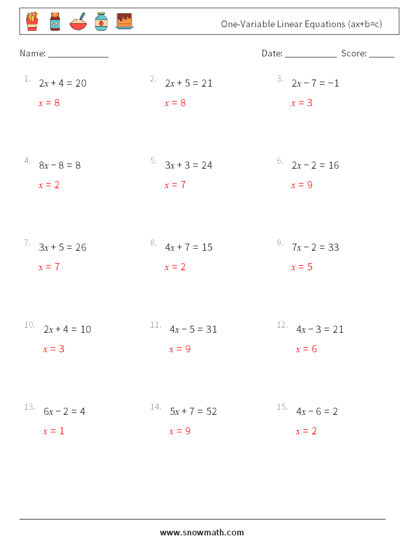 One-Variable Linear Equations (ax+b=c) Maths Worksheets 3 Question, Answer
