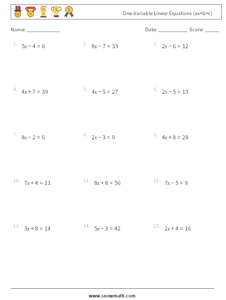 One-Variable Linear Equations (ax+b=c) Maths Worksheets 4