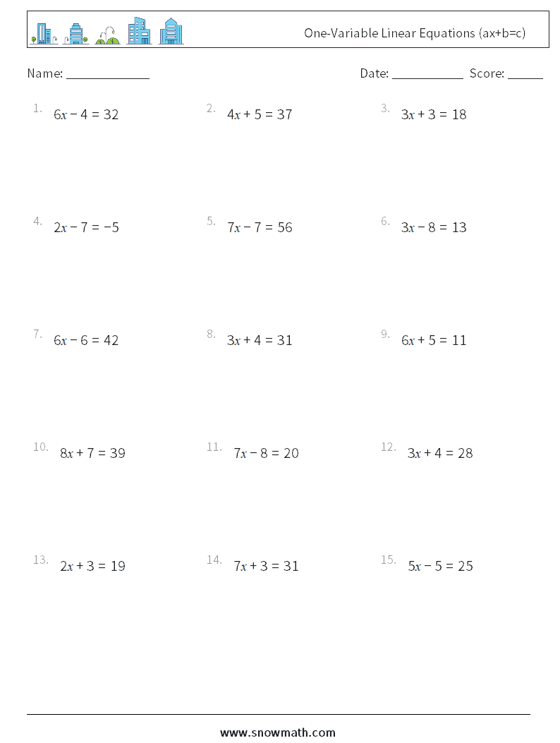 One-Variable Linear Equations (ax+b=c) Maths Worksheets 5