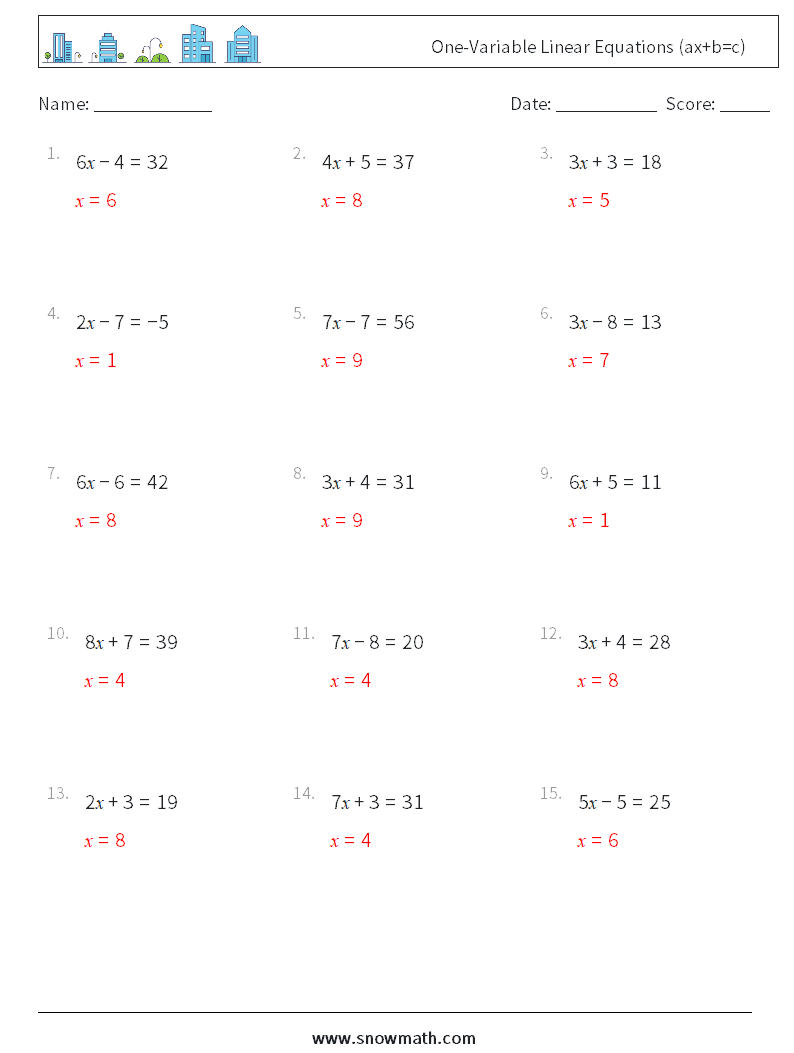 One-Variable Linear Equations (ax+b=c) Maths Worksheets 5 Question, Answer