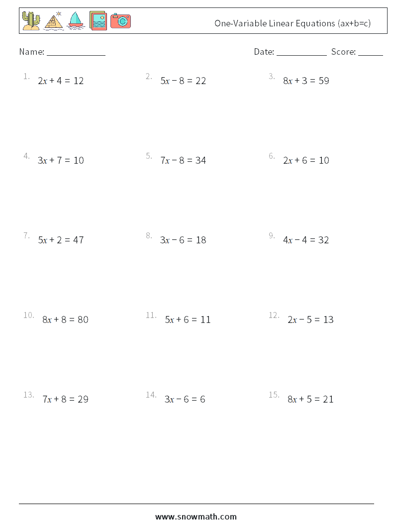 One-Variable Linear Equations (ax+b=c) Maths Worksheets 6