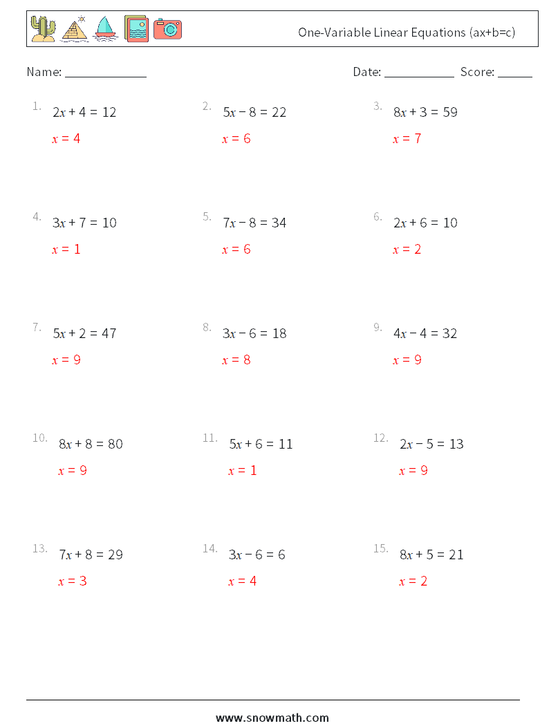 One-Variable Linear Equations (ax+b=c) Maths Worksheets 6 Question, Answer