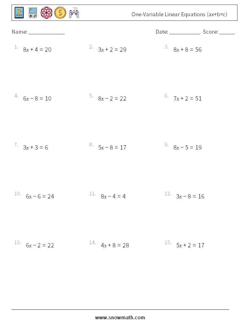 One-Variable Linear Equations (ax+b=c) Maths Worksheets 7