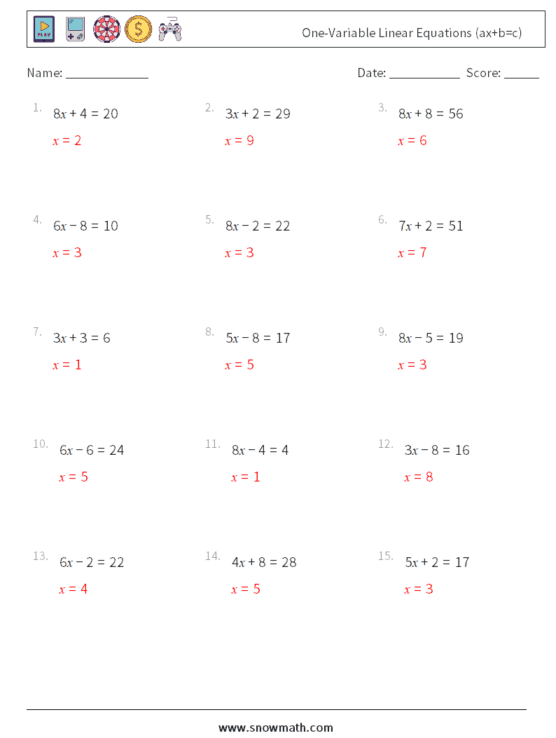 One-Variable Linear Equations (ax+b=c) Maths Worksheets 7 Question, Answer