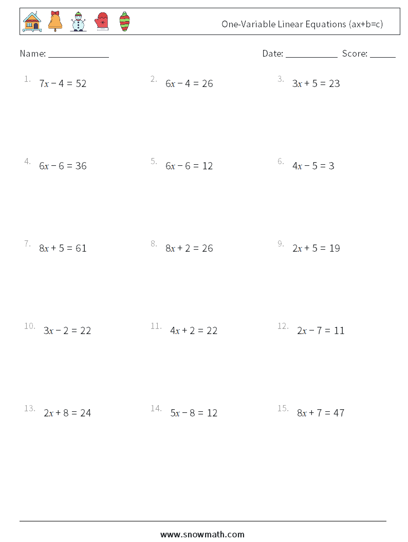 One-Variable Linear Equations (ax+b=c) Maths Worksheets 8