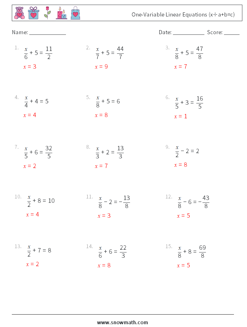 One-Variable Linear Equations (x÷a+b=c) Maths Worksheets 2 Question, Answer