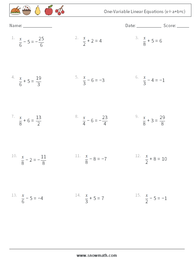 One-Variable Linear Equations (x÷a+b=c) Maths Worksheets 4