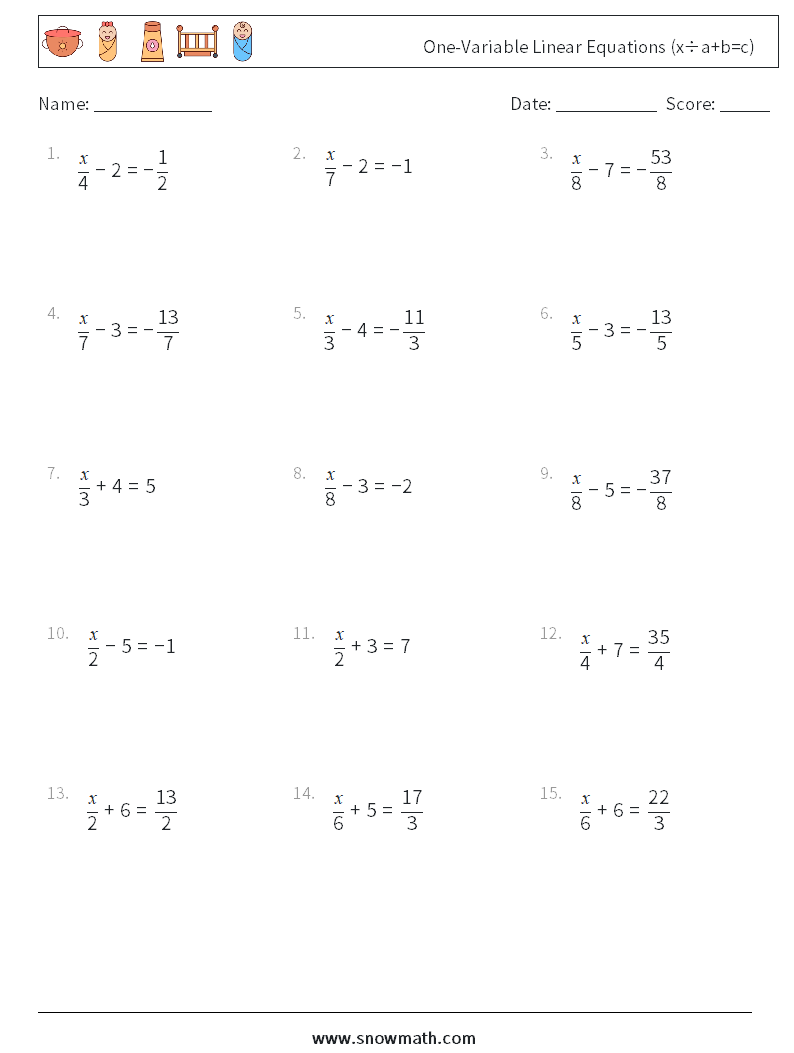 One-Variable Linear Equations (x÷a+b=c) Maths Worksheets 5