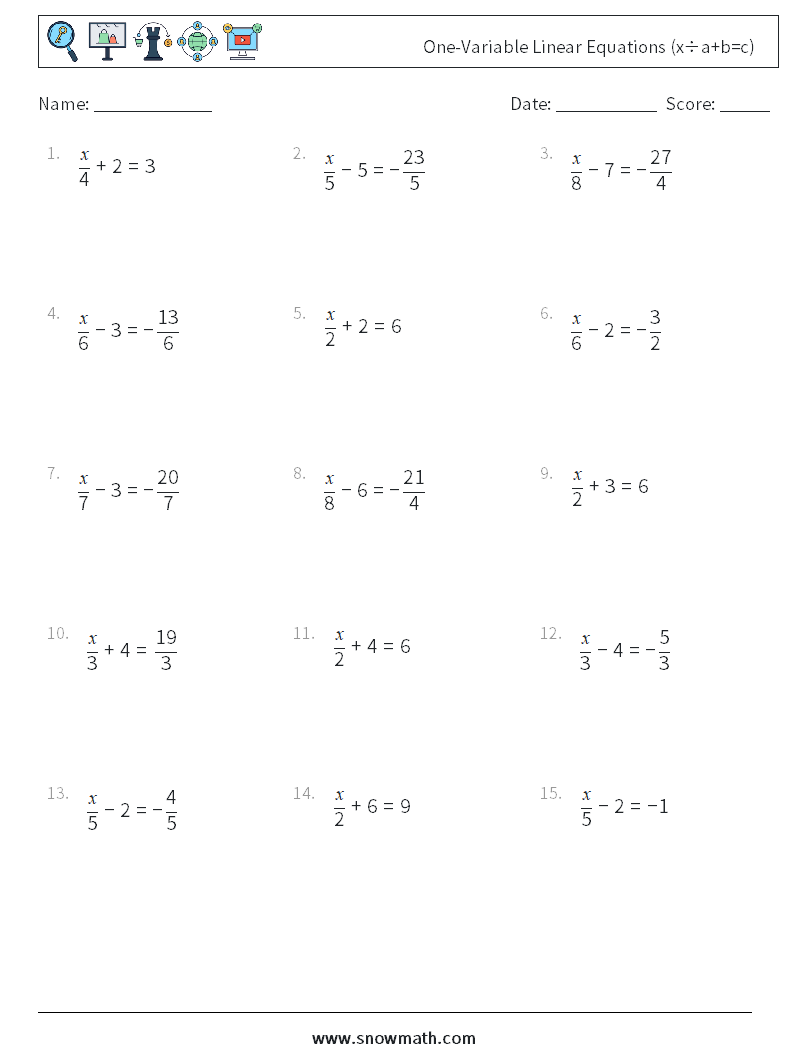 One-Variable Linear Equations (x÷a+b=c) Maths Worksheets 7