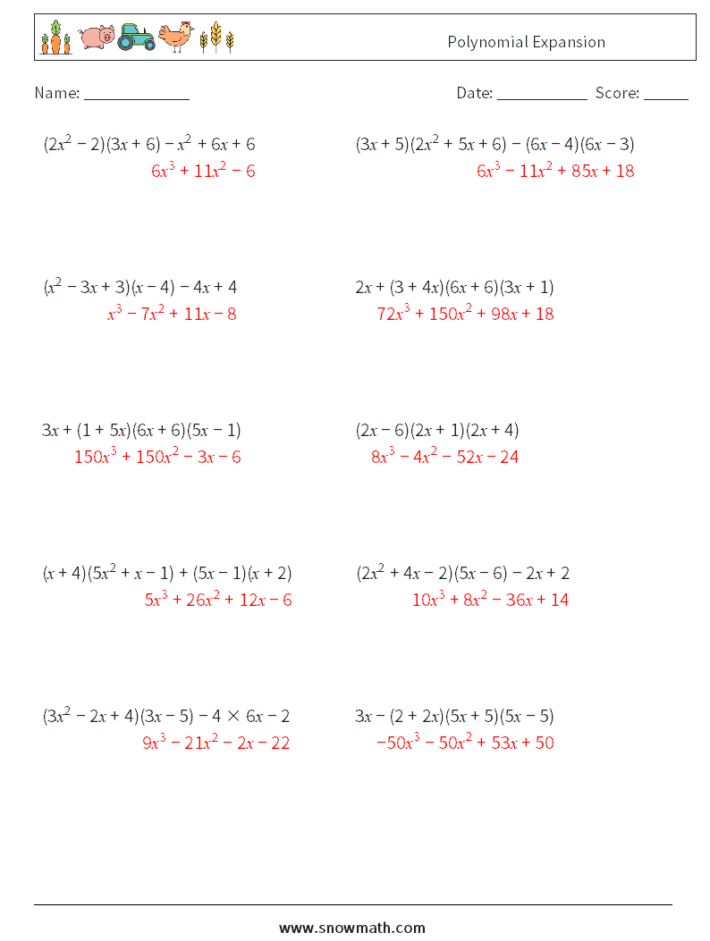 Polynomial Expansion Maths Worksheets 2 Question, Answer