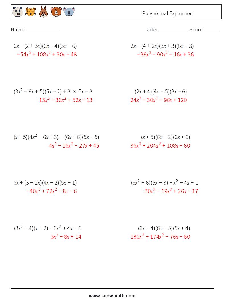 Polynomial Expansion Maths Worksheets 4 Question, Answer