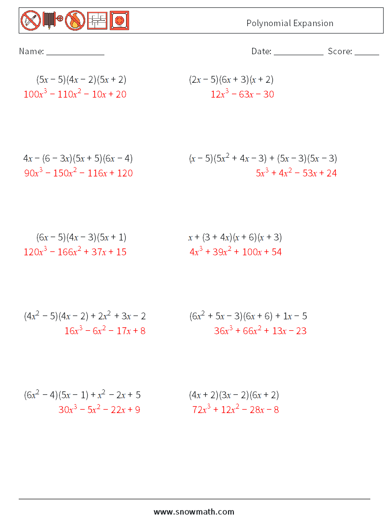 Polynomial Expansion Maths Worksheets 6 Question, Answer