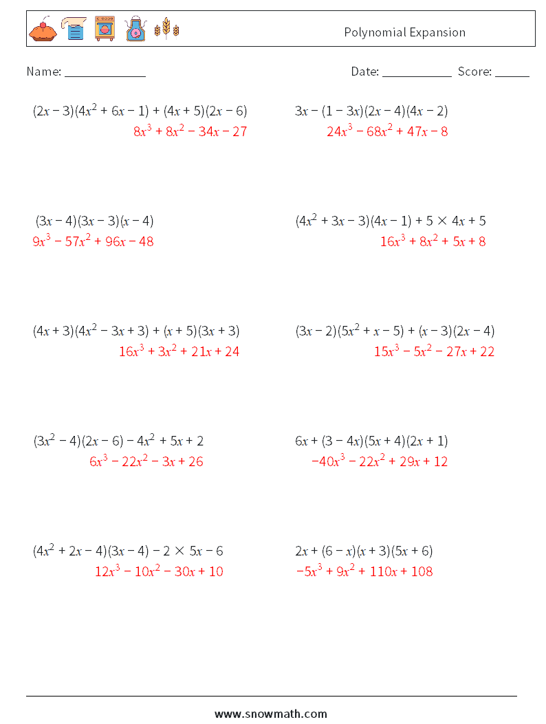 Polynomial Expansion Maths Worksheets 7 Question, Answer