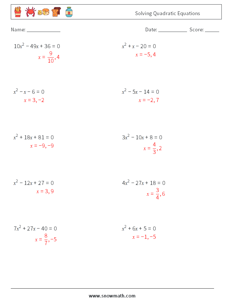 Solving Quadratic Equations Maths Worksheets 1 Question, Answer