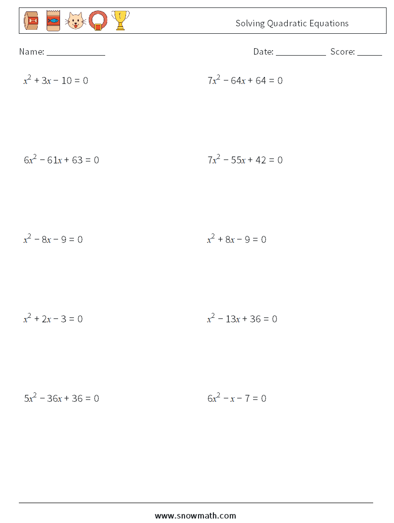 Solving Quadratic Equations Maths Worksheets 2