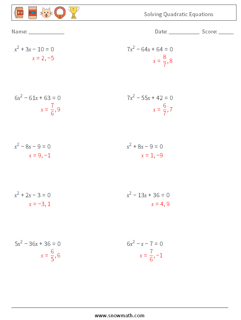 Solving Quadratic Equations Maths Worksheets 2 Question, Answer
