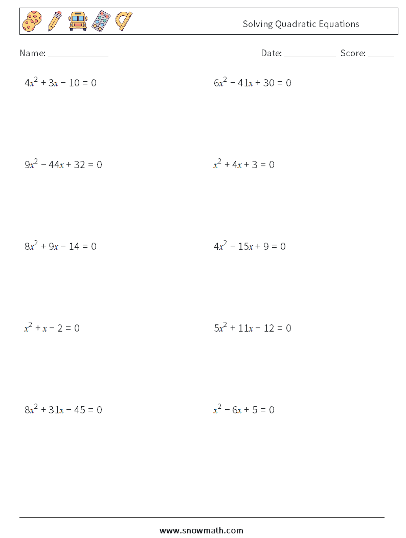 Solving Quadratic Equations Maths Worksheets 3