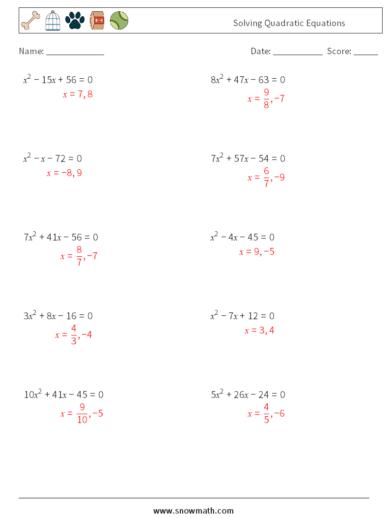 Solving Quadratic Equations Maths Worksheets 4 Question, Answer