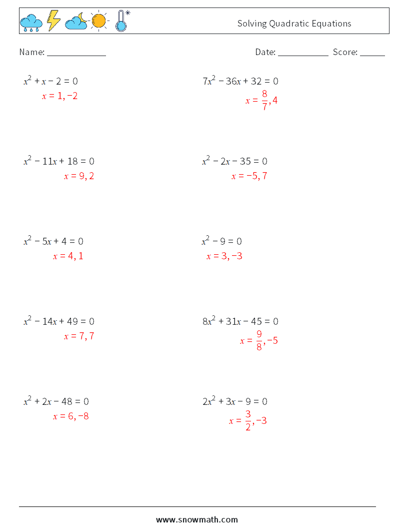 Solving Quadratic Equations Maths Worksheets 5 Question, Answer