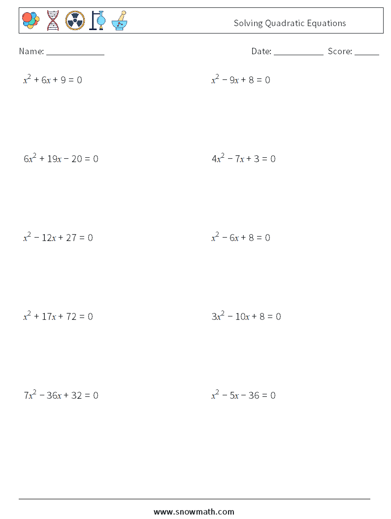 Solving Quadratic Equations Maths Worksheets 6