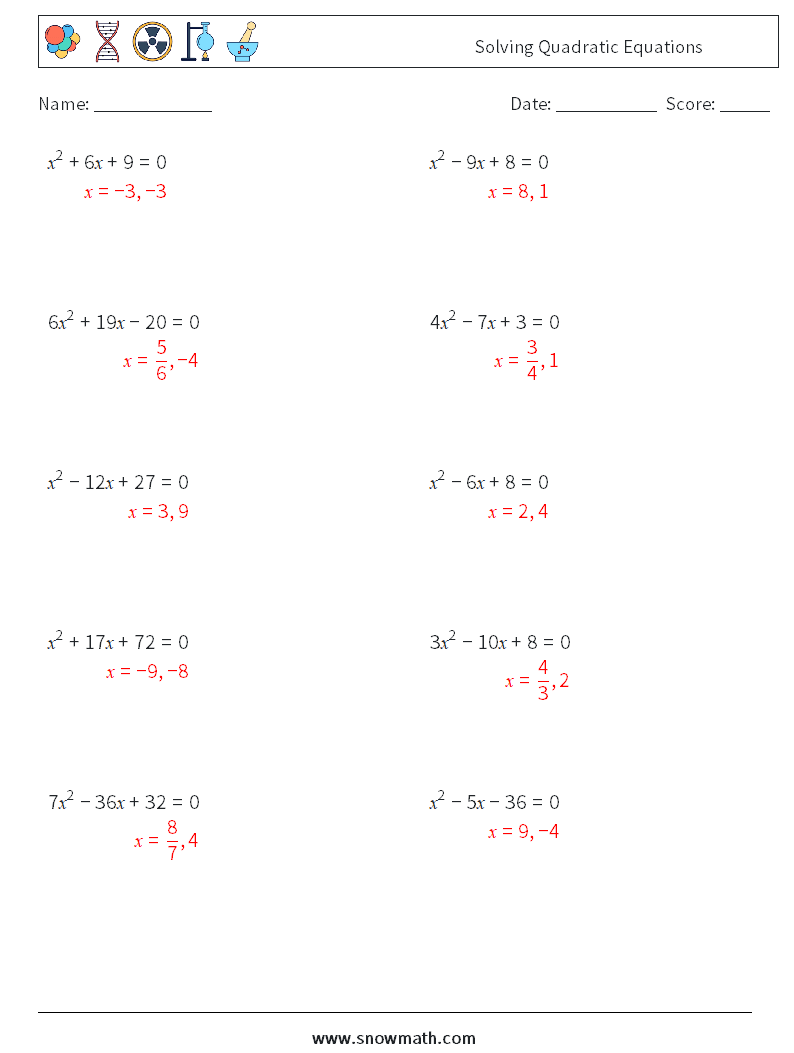Solving Quadratic Equations Maths Worksheets 6 Question, Answer