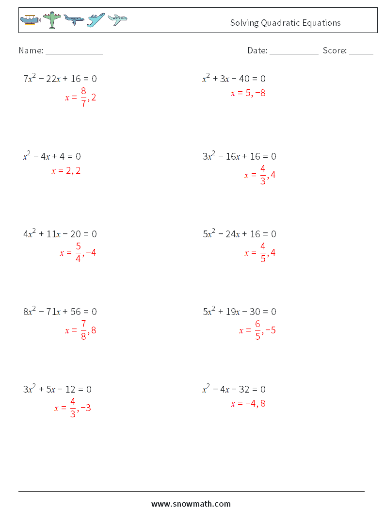 Solving Quadratic Equations Maths Worksheets 7 Question, Answer