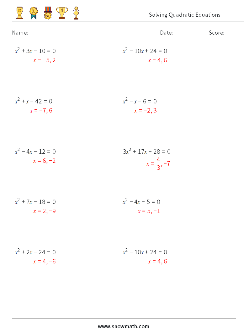 Solving Quadratic Equations Maths Worksheets 8 Question, Answer
