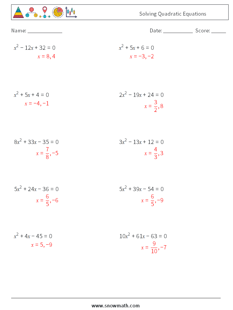 Solving Quadratic Equations Maths Worksheets 9 Question, Answer
