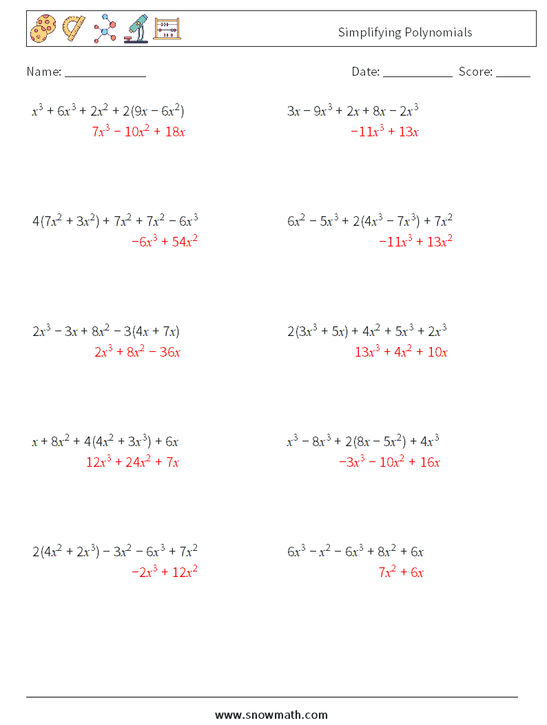 Simplifying Polynomials Maths Worksheets 1 Question, Answer